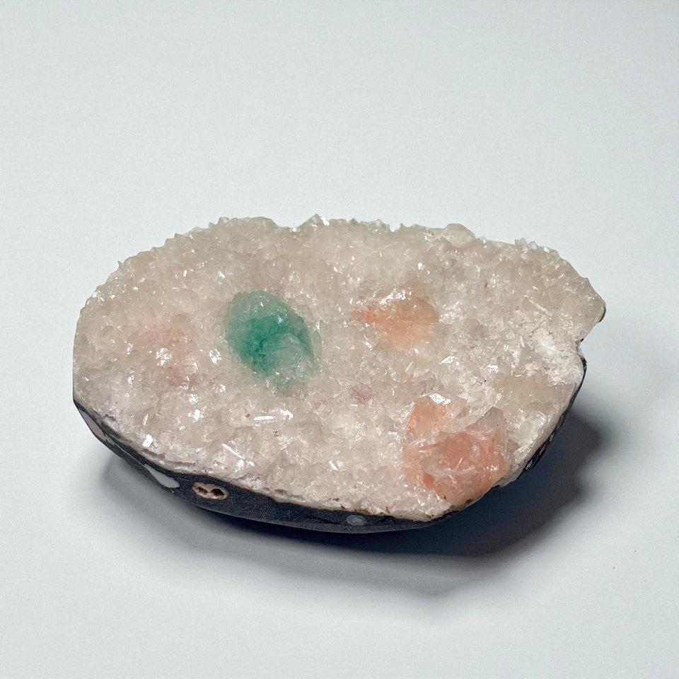 Quartz Cluster with inclusions of Green Fluorite & Peach Stilbite specimen, view 1 of 2