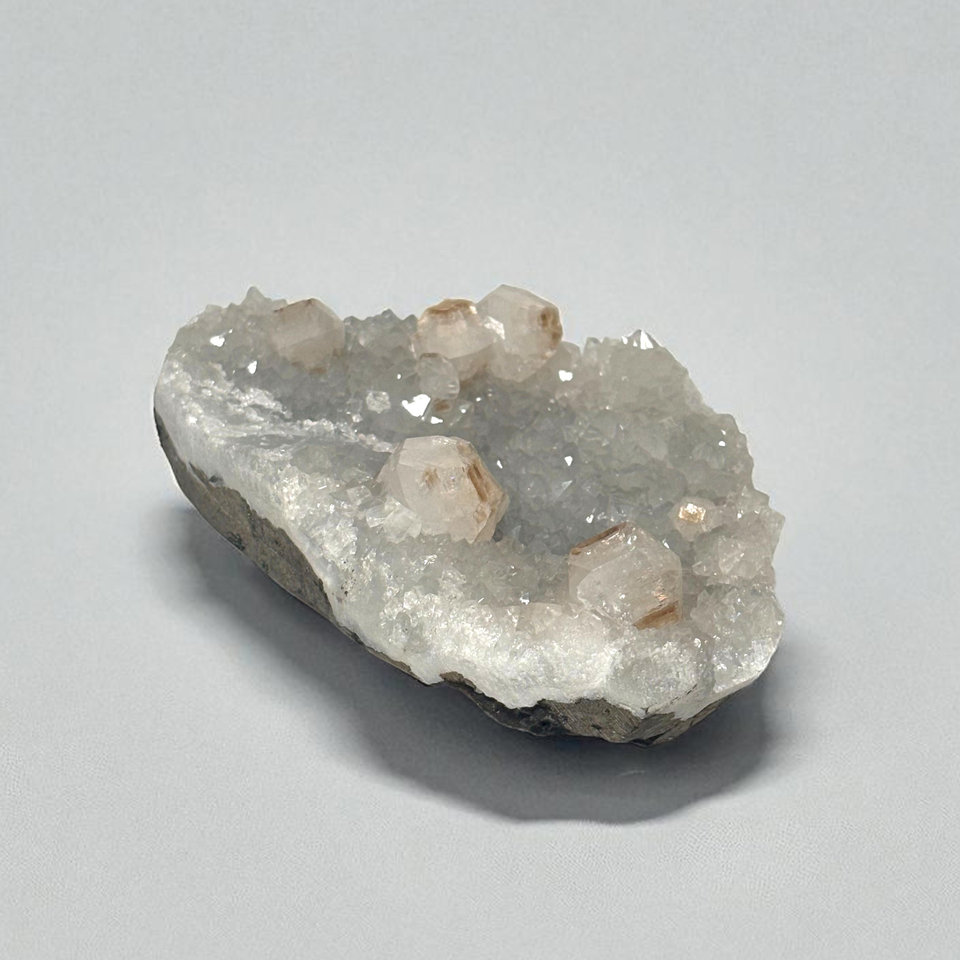 Apophyllite with Stilbite on a Chalcedony Crystals. specimen, view 1 of 3