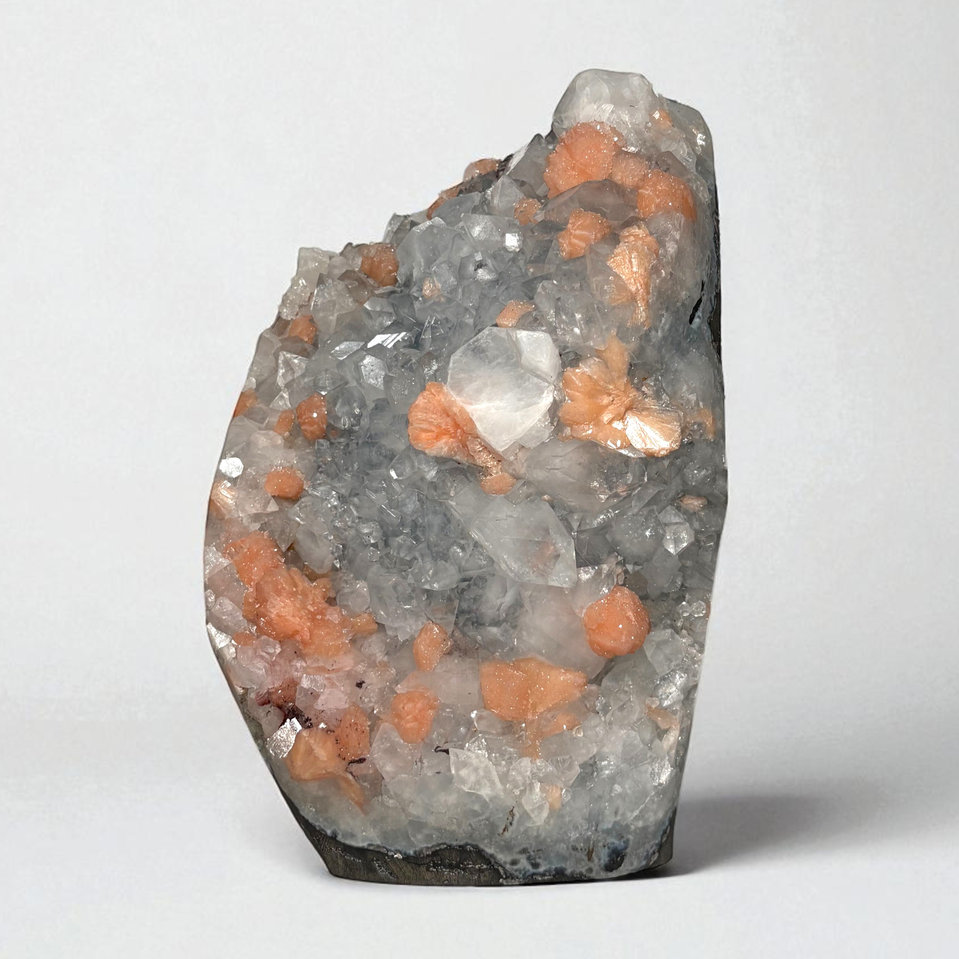 Peach Stilbite with Clear Apophyllite Cluster specimen, view 1 of 3