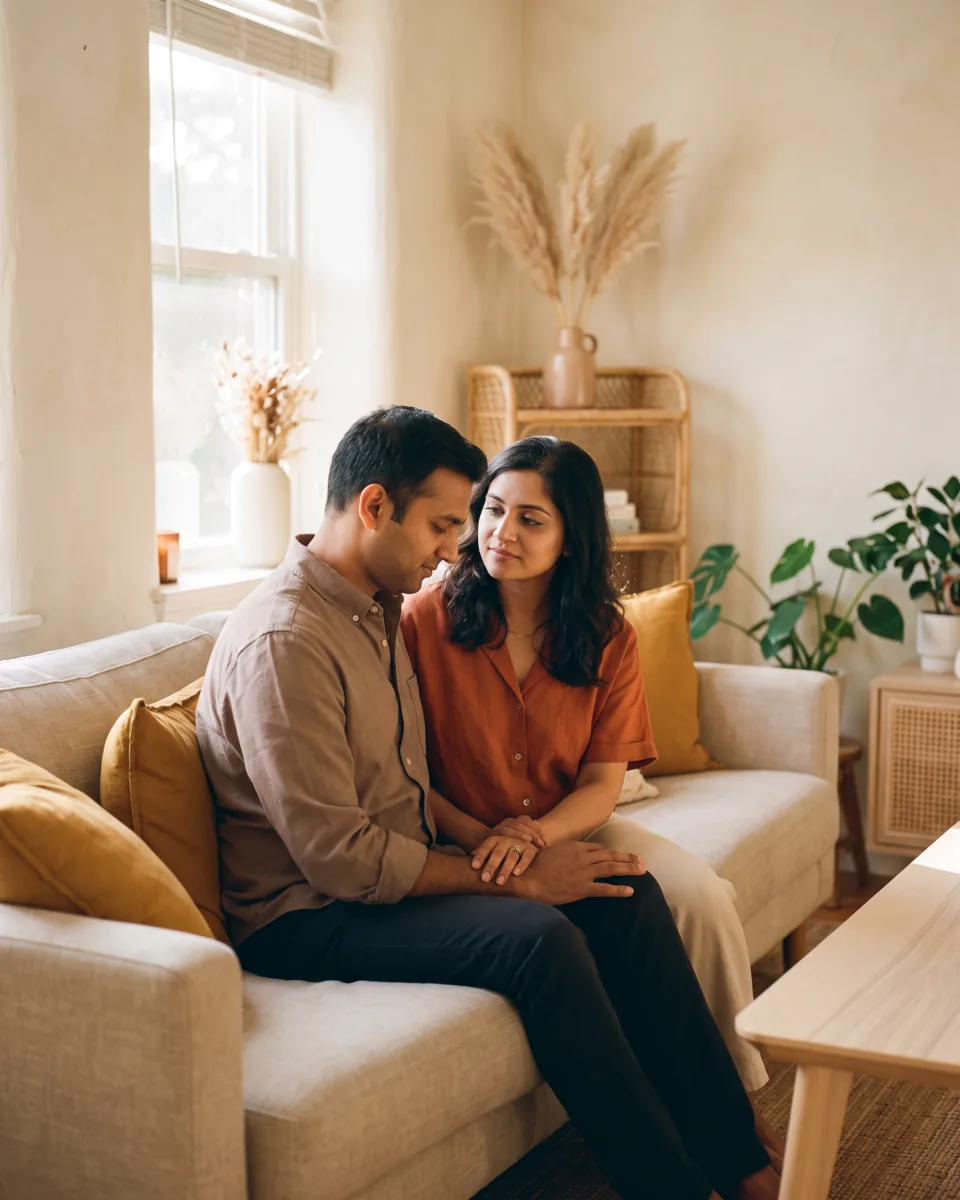 Two people sitting close together on a sofa in a warm, sunlit room.