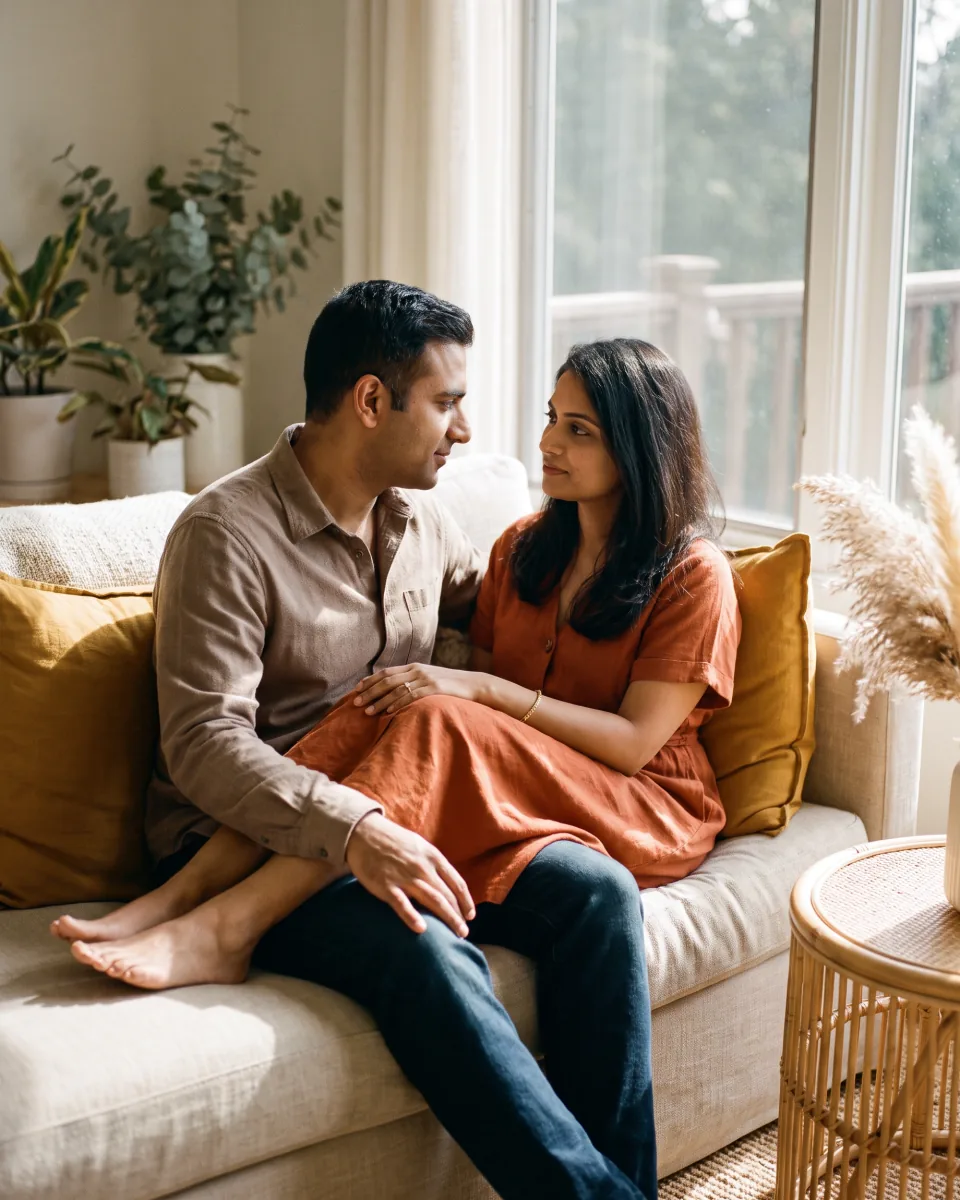 Two people sitting close together on a sofa in a warm, sunlit room.