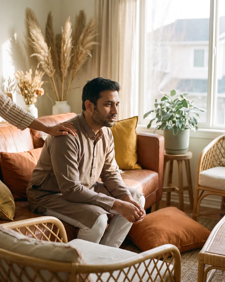 A man sitting on a sofa with another person’s hand resting on his shoulder.