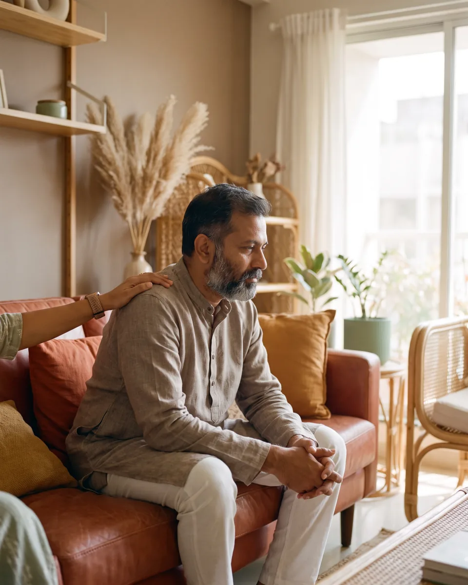A man sitting on a sofa with another person’s hand resting on his shoulder.