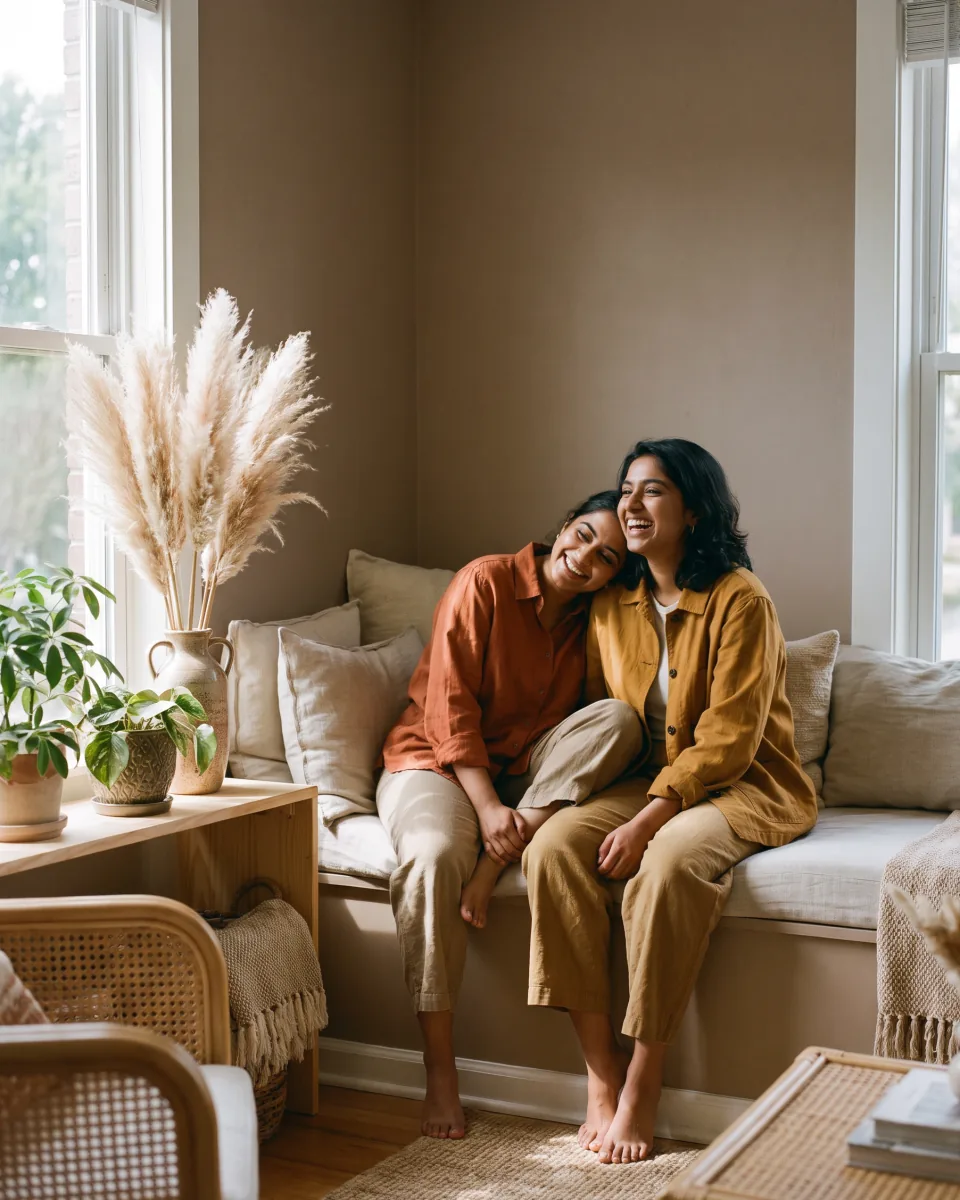 Two people leaning together on a sofa beside a window.